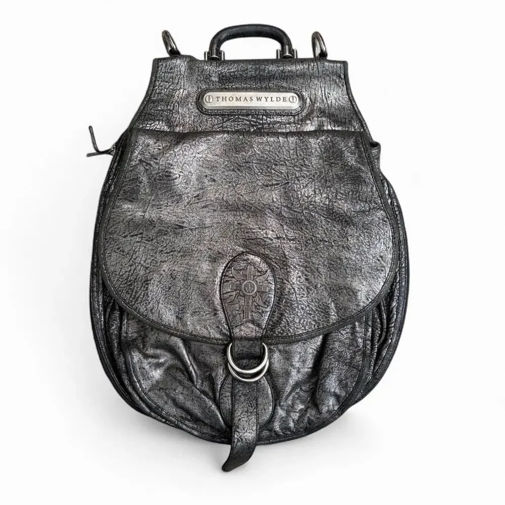 Thomas Wylde Leather Skull Metallic Pebble Leather Grunge Hand Bag